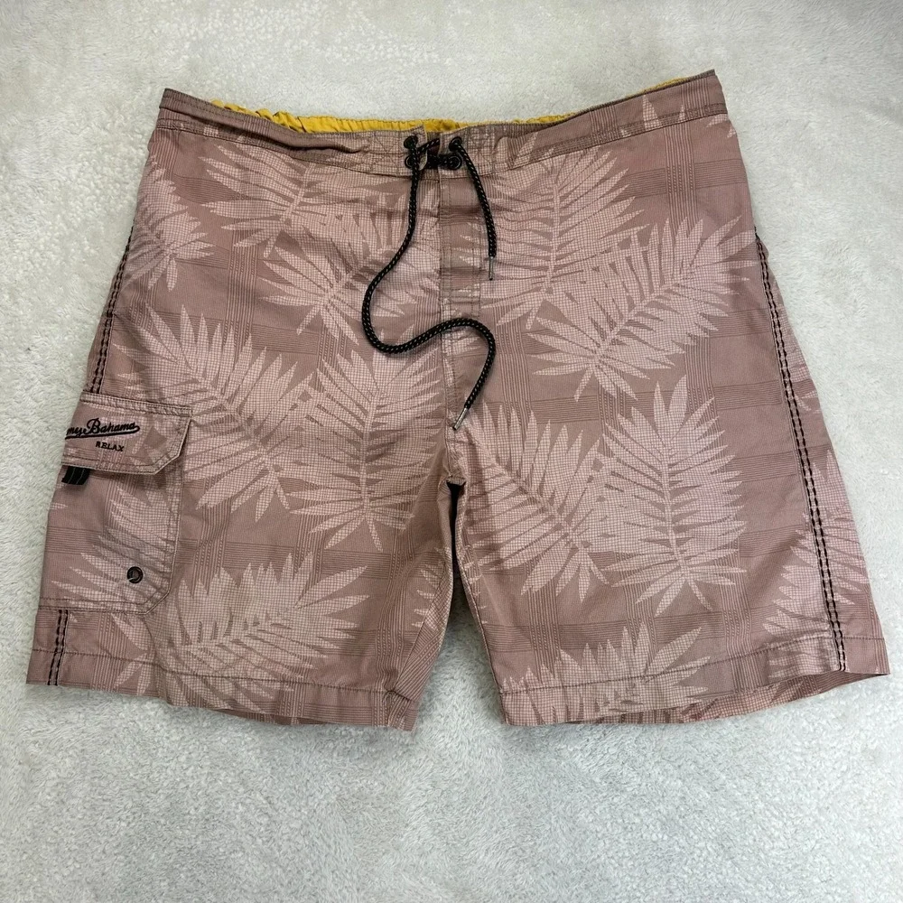 Tommy Bahama Relax Boardshorts Mens XL Pinkish-Brown Tropical Palm Leaf Print